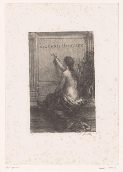 Titulní tisk pro: Richard Wagner, sa vie et ses œuvres Richard Wagner (titul na objektu) Nesmrtelnost Život a dílo Richarda Wagnera (název série) od Ignace Henri Jean Fantin Latour