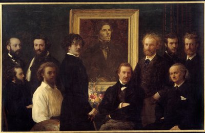 Pocta Eugenu Delacroixovi. Zastoupenými postavami jsou Louis Edmond Duranty (muž), James Abbott Mac Neill Whistler (malíř), Champfleury, Jules Husson (muž), Edouard Manet, Charles Baudelaire, Louis Cordier, Alphonse Legros (pai od Ignace Henri Jean Fantin Latour