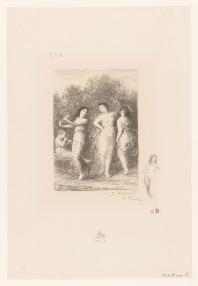 Čtyři mladé ženy tančí a tvoří hudbu Le jeune malade Básně André Chénier (název série) Ilustrace pour les Poésies d