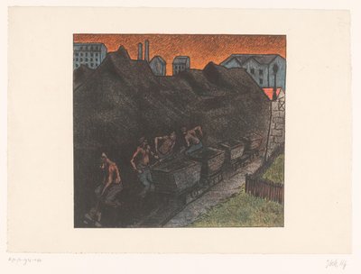 Čtyři horníci nakládají uhlí do vozíků Au parc de charbon Představení Théâtre Libre (název seriálu) Les Programs du Théâtre Libre (název série) od Henri Gabriel Ibels