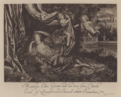 Nell Gwyn a její dva synové, Charles, hrabě z Burfordu, a James, Lord Beauclerk (rytina) od Henri Gascar