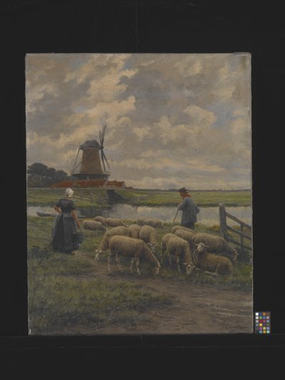 Pastorální krajina s větrným mlýnem, datum neznámé (olej na plátně) od Henri Houben
