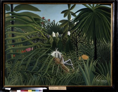 Kůň napaden jaguárem. Obraz Henriho Rousseaua zvaný Douanier Rousseau (1844-1910) od Henri J.F. Rousseau
