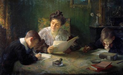 Domácí úkoly Matka pomáhá dětem dělat domácí úkoly. Obraz Henriho Jameta (1858-1940) Orleans 20. století, Musee des Beaux Arts od Henri Jamet