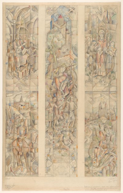 Designový karton pro okno z barevného skla v nové vládní budově v Maastrichtu (původní název na objektu) od Henri Jonas (signed by artist)