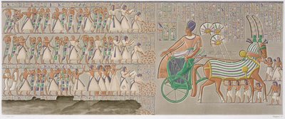 Barevné základní reliéfy z jižní galerie peristylu paláce, deska 12 ze svazku II „Popisů Egypta“, vyryl Antoine Phelippeaux (nar. 1767) 1822 (akvatinta) od Henri Joseph (after) Redoute