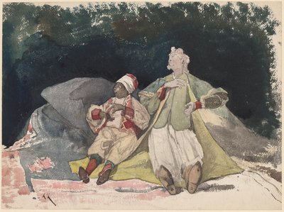Dvě panenky nebo loutky sedící na polštářích od Henri-Joseph Harpignies