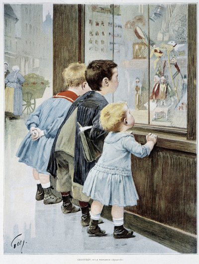 La Temptation: Děti před vitrínou při pohledu na hračky – nemocné. od Geoffroye, v „“ Figaro ilustrované“““ od Henri Jules Jean Geoffroy