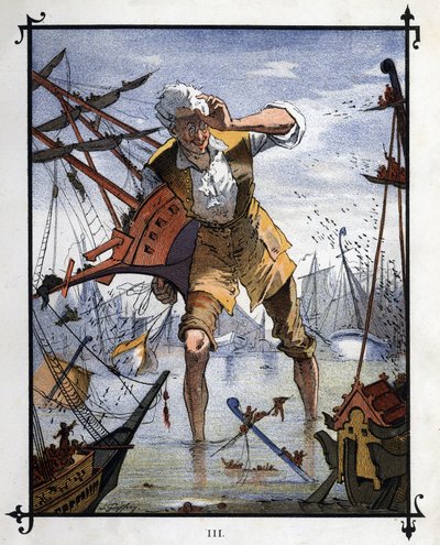Lemuel Gulliver v centru námořní bitvy mezi loděmi Lilliput a Blefuscu. Ilustrace pro „“ Gulliver