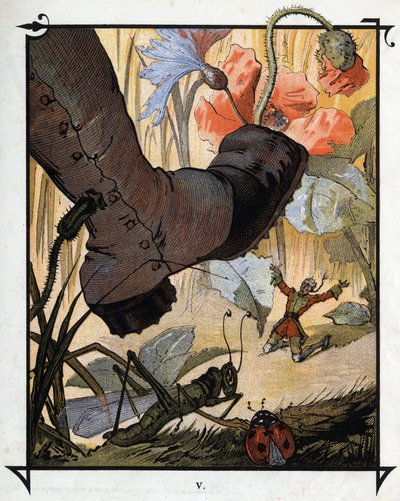 Gigantická noha obyvatele Brobdingnagu nedokáže rozdrtit Lemuela Gullivera ve vysoké trávě. Ilustrace pro „“ Gulliver