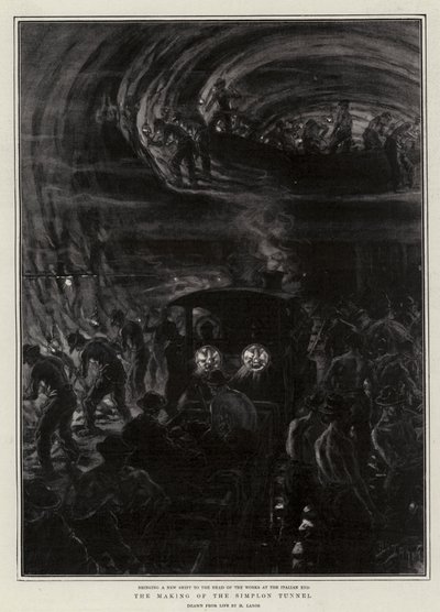 Tvorba Simplonského tunelu (litho) od Henri Lanos