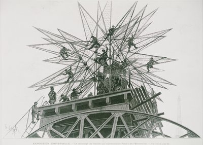 Univerzální expozice z roku 1900: Instalace hvězdy na vrcholu Paláce elektřiny (rytina) od Henri Lanos