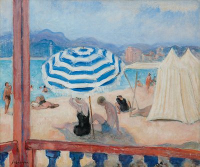 Hůlky, modrý slunečník a stany; Hůlky, modrý slunečník a stany, od Henri Lebasque