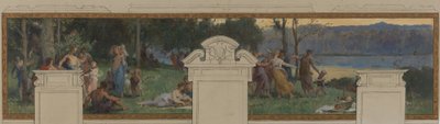 Skica radnice v Pantinu: Alegorie kanálu Ourcq, práce a plavby - Fête champêtre (stropní a nástěnný panel) od Henri Leopold Levy