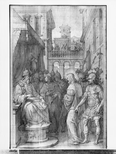 Život Krista, Kristus před Herodem, přípravná studie kreslené tapisérie pro kostel Saint-Merri v Paříži, kolem 1585-90 (pierre noire und wash a bílé zvýraznění na papíře) od Henri Lerambert
