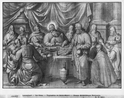 Život Krista, poslední večeře, přípravná studie kresleného gobelínového filmu pro kostel Saint-Merri v Paříži, kolem 1585-90 (pierre noire und wash a bílé zvýraznění na papíře) od Henri Lerambert