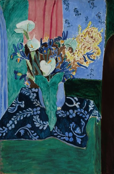 Arums, Iris a Mimosas (Květiny v modré váze na modrém ubrusu) od Henri Matisse
