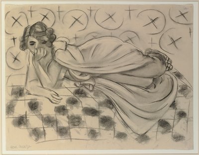 Zahalená postava ležící na černé kostkované pohovce od Henri Matisse