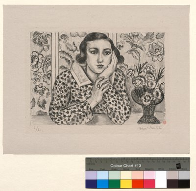 Mladá dívka opřená o paraván: mladá dívka s kyticí květin od Henri Matisse