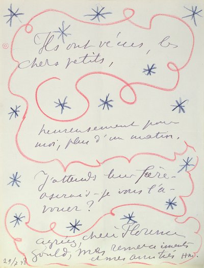 Dopis malíře Florence Gouldové (nar. 1895), 29. července 1948 (pero a pastelka na papíře) od Henri Matisse