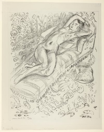 Akt odpočívající na lehátku s pozadím Mašrabíja od Henri Matisse