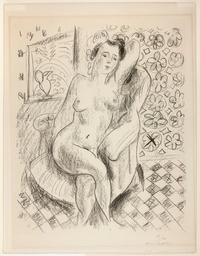 Akt v křesle s pozadím z maškarního plátna od Henri Matisse