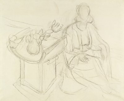 Sedící žena - zátiší s květinami na stole (uhel na plátně) od Henri Matisse