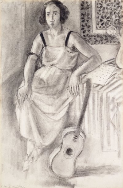 Žena sedící s kytarou, asi 1921-23 (uhel na papíře) od Henri Matisse