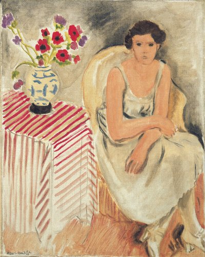 Žena na židli - Květiny na stole nebo karafiáty od Henri Matisse