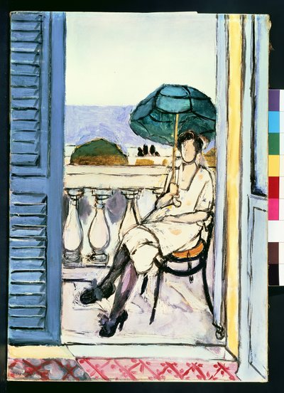 Žena se zeleným slunečníkem na balkoně od Henri Matisse