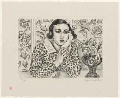 Mladá dívka opřená o květovanou zástěnu od Henri Matisse