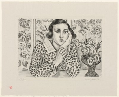 Mladá dívka opírající se o paraván s květinovým vzorem od Henri Matisse