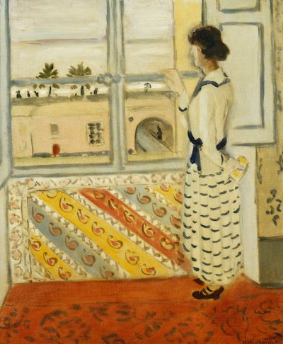 Mladá žena u okna, modré pruhované šaty od Henri Matisse