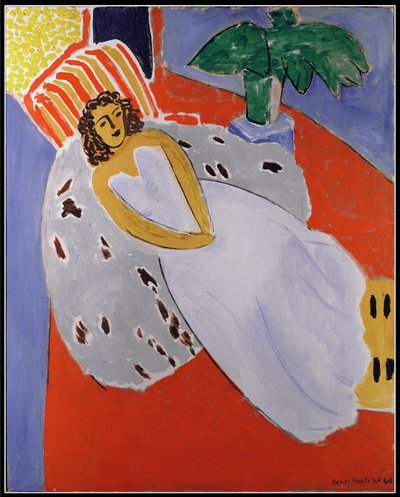 Mladá žena v bílém, červené pozadí od Henri Matisse