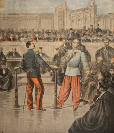 Plukovník Henry a podplukovník Picquart hovořící před soudem Assisses, ilustrace z 
