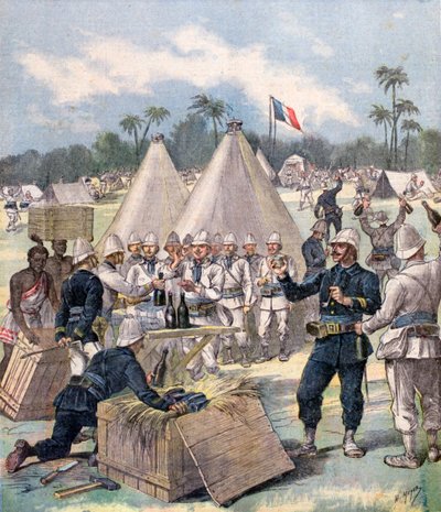 Francouzští vojáci otevírají novoroční dárkové krabičky v Dahomey, Afrika, 1892 od Henri Meyer