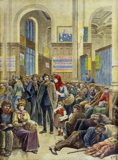 Italští emigranti na pařížském nádraží Saint Lazare v roce 1896 (rytina) od Henri Meyer