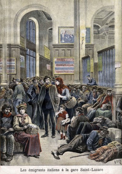 Italští emigranti na stanici Svatý Lazar (Saint Lazarus) - v "The Petity Journal", březen 1896 od Henri Meyer