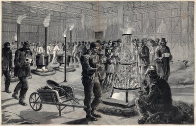 Noční přístřešek Paláce svobodných umění na Champs de Mars v roce 1891 - Kresba Henri Meyer, rytina Navellier v „Le journal illustrious““ z roku 1891 od Henri Meyer