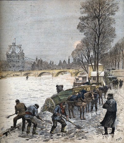 Paříž pod sněhem v roce 1895 Malé noviny z roku 1895 (rytina) od Henri Meyer