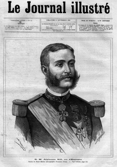 Portrét Alfonse XII. Španělského (Alfonse XII.) (1857-1885), španělského krále - Titulní strana „The Illustrous Diary“ z roku 1883 - Kresba Henri Meyer (1844-1899) od Henri Meyer