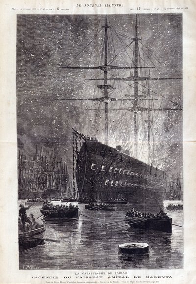 Katastrofa Toulonu: požár vlajkové lodi „“Le Magenta““ – v „“Le Journal Illustrousse““ 1875 od Henri Meyer