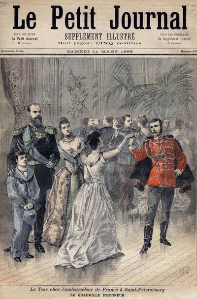 Car Alexander III u velvyslance Francie hraběte z Montebella v Petrohradě v roce 1893. Čestná mřížka. Obal Le Petit Journal 1893 (gravírování) od Henri Meyer