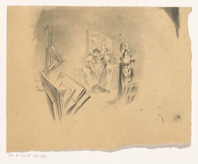 Tři ženy si prohlížejí výtisky ve studiu od Henri Patrice Dillon (possibly)