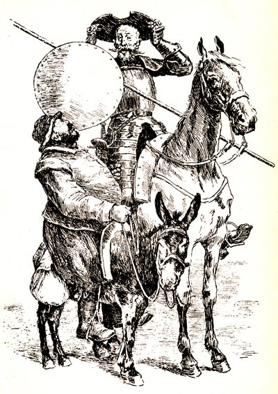 Don Quijote na koni vedle Sancha na oslu. od Henri Pille