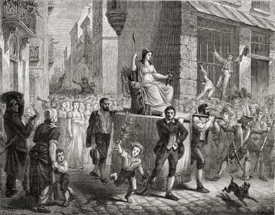 Průvod bohyně rozumu, 10. listopadu 1793, z „Histoire de la Revolution Francaise“ od Louise Blanca (1811-82), vyryl Meyer-Heine, 1847-62 od Henri Renaud