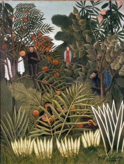 Exotická krajina s opicemi a papouškem od Henri Rousseau