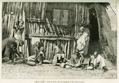 Habešští kováři. Rytina Thiriata po fotografii pro ilustraci příběhu Voyage au Choa (Abyssinie meridionale) od Henri Thiriat