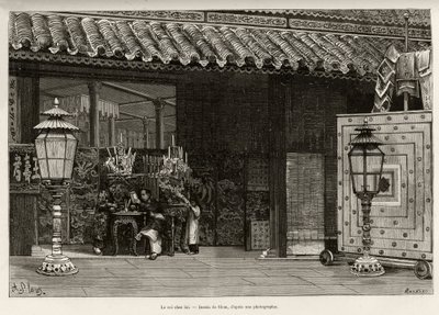 Král Dong Khanh (1864-1889) císař z Annamu, domov v císařském městě Hue (Vietnam). Rytina od Thiriata k ilustraci příběhu „“ Trente mois au Tonkin““ od Dr. Charlese Edouarda Hocquarda (1853-1911), v roce 1885, v Le tour du monde, nouveau journal de od Henri Thiriat