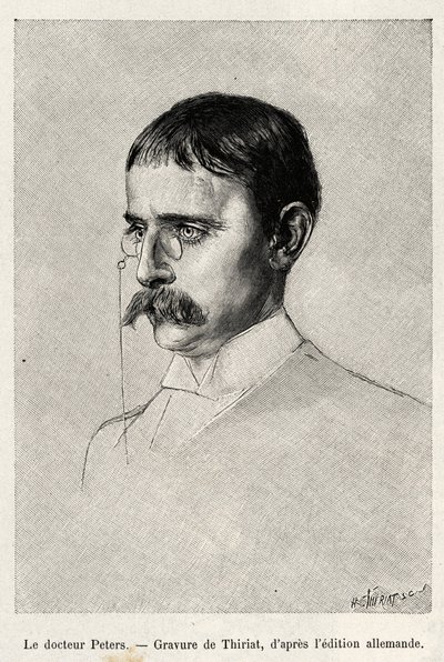 Portrét Dr. Carla Peterse (1856-1918), německého cestovatele. Rytina od Thiriata k ilustraci příběhu „“Au secours d